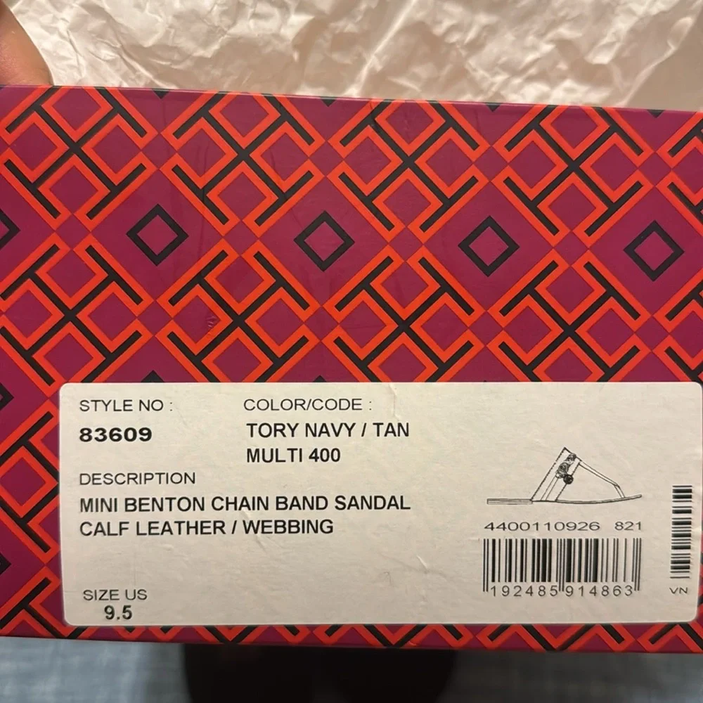 Tory Burch Mini Benton Chain Band Sandal Navy/Tan, US 9.5
